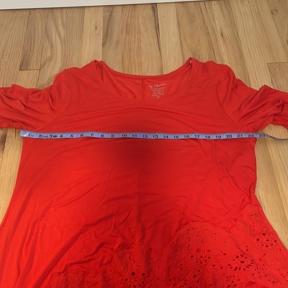 Chicos Jersey Knit Top 3 Tunic High Low Red 3/4 Sleeve Red Eyelet Long Casual - Picture 7 of 8